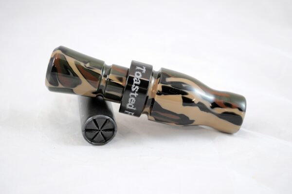 Woodland Camo - "Shaken Not Stirred" Acrylic Mallard Duck Call - Black Band Exhaust Left