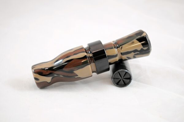 Woodland Camo - "Shaken Not Stirred" Acrylic Mallard Duck Call - Black Band Exhaust Right