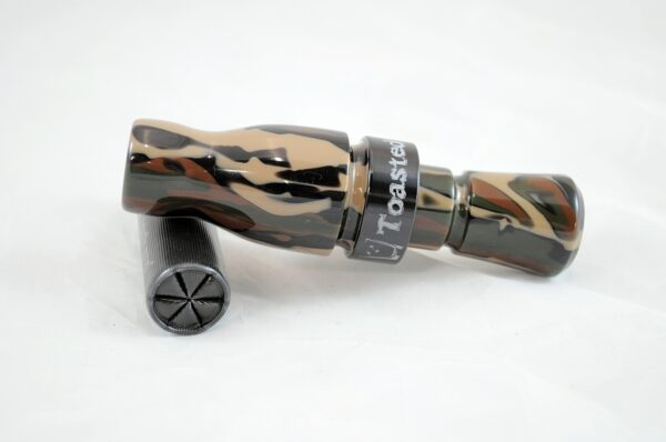 Woodland Camo - "Shaken Not Stirred" Acrylic Mallard Duck Call - Black Band Mouth Left