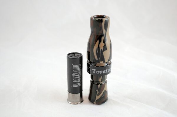 Woodland Camo - "Shaken Not Stirred" Acrylic Mallard Duck Call - Black Band Upright